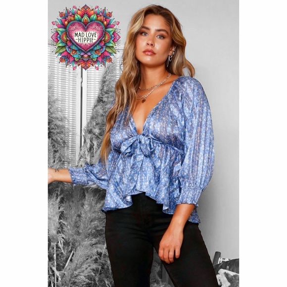 Peach Love Blue Satin Floral Deep V Neck Bow Front Blouse - Picture 4 of 7